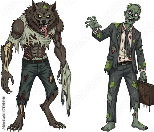 Scary werewolf zombie, creepy undead businessman, horror monster illustration, spooky walking dead artwork, terrifying Halloween creatures, frightening evil design, fantasy dark cartoon