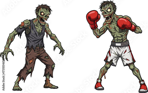 Scary zombie boxer with red gloves, creepy undead fighter, horror monster artwork, spooky Halloween illustration, evil ghoul character, apocalypse combat concept