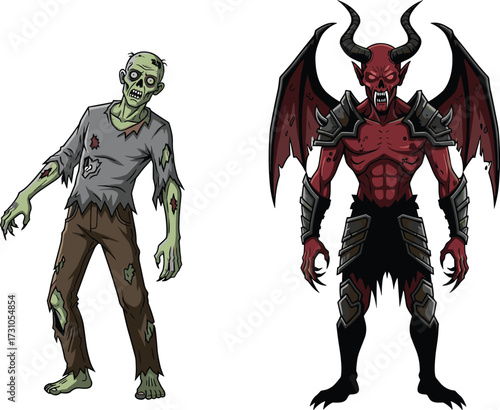 Scary zombie character, evil demon monster, spooky fantasy creature, horror cartoon artwork, terrifying Halloween design, creepy undead illustration, dark fantasy villain drawing