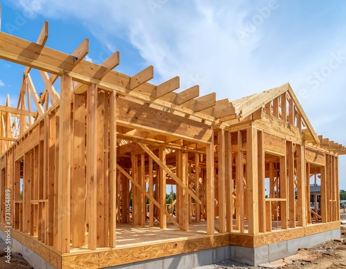 House under construction.  Wooden frame