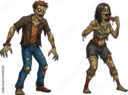 Scary zombie couple artwork, creepy undead characters, horror monster illustration, spooky Halloween design, nightmare apocalypse theme, evil fantasy creature drawing, fear