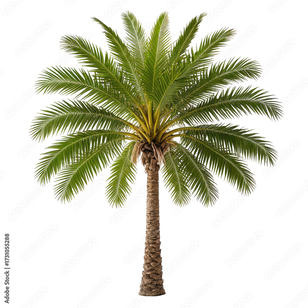 Fototapeta premium Lush green palm tree with a textured trunk on a black background
