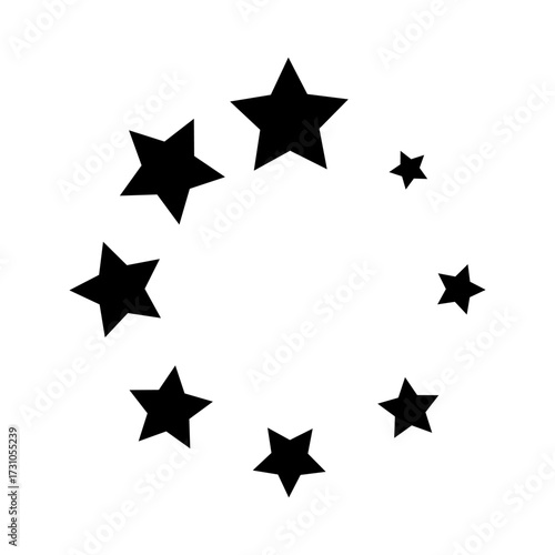 Round frame with different sized starry border isolated on white background. Prize, success, winner or award circular banner. Ring with star shapes. Vector graphic illustration.