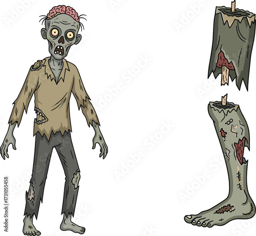 Creepy cartoon zombie character with exposed brain, scary undead monster illustration, spooky horror artwork, walking dead design, detached zombie leg vector