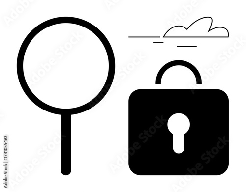 Magnifying glass beside lock emphasizes cybersecurity, privacy, and investigation. Ideal for search, protection, analysis, encryption, safety confidentiality and compliance. Simple flat metaphor