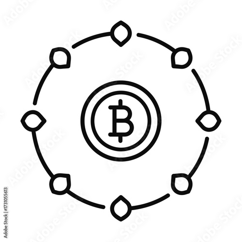 Bitcoin network illustration with coin and connected nodes in a circular arrangement.