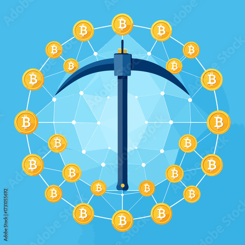 Bitcoin mining concept with pickaxe and connected coins on blue background.