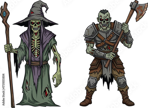 Scary zombie wizard with staff, undead sorcerer in dark robe, creepy zombie warrior holding axe, fantasy horror monster character illustration