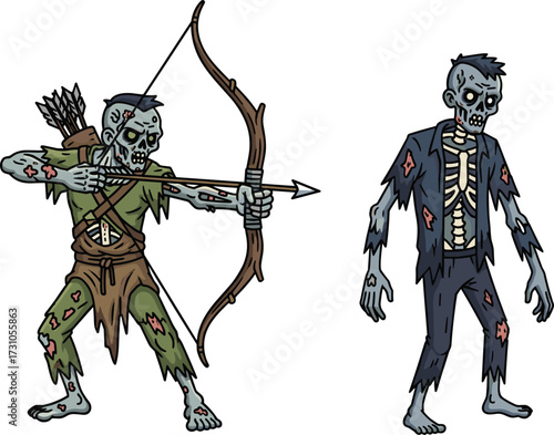 Zombie archer aiming with bow, undead skeleton zombie, scary horror monster, creepy apocalypse artwork, walking dead illustration, halloween undead, spooky cartoon characters