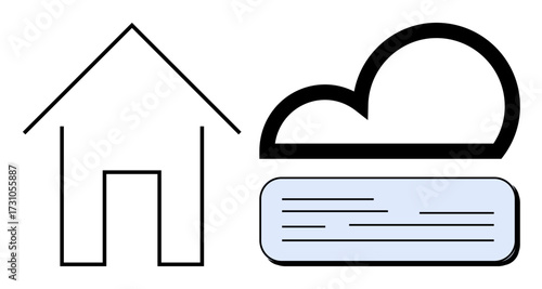 Simple house outline next to a cloud and stack of files representing cloud storage. Ideal for remote access, data management, cloud services, smart home, digital workflow, technology, simple flat