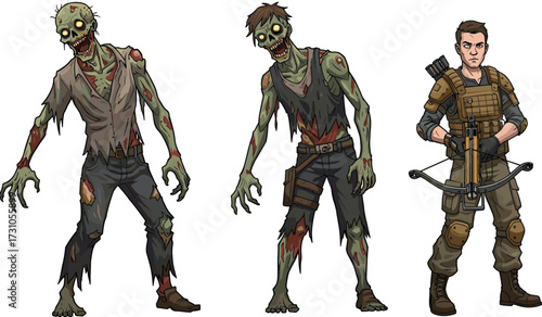 Zombie apocalypse cartoon characters, scary undead monsters, creepy walking dead, horror illustration, survival fighter man, armed soldier, crossbow weapon artwork