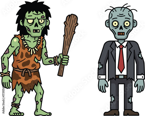 Zombie caveman cartoon character, scary prehistoric undead monster, creepy zombie businessman, funny horror illustration, spooky halloween artwork, walking dead vector design