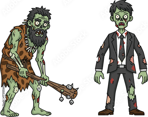 Zombie caveman with weapon, scary undead businessman in torn suit, creepy cartoon monsters, horror illustration, spooky halloween characters, frightening walking dead creatures
