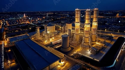 Aerial view of Petroleum Chemical Plant at night, glowing lights, industrial complexity, deep blue sky.