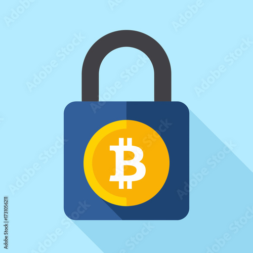 Bitcoin security concept: padlock with Bitcoin symbol on a blue background.