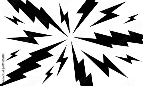 Comic emphasis design for manga book page. Radial zigzag or thunderbolt shapes on white background. Surprise or attention, boom or explosion, danger or power effect. Vector graphic illustration. 