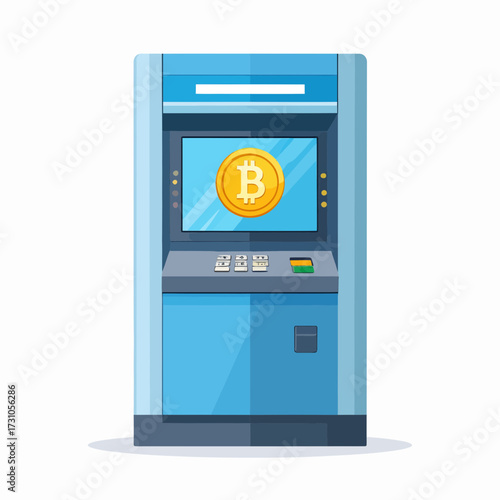 Bitcoin ATM machine with a golden coin on the screen, front view.