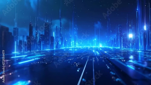 Futuristic neon cityscape with glowing circuits for technology and innovation