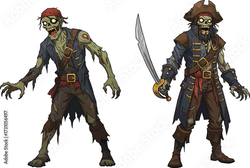 Zombie pirate with sword, scary undead sailor, horror monster artwork, creepy skeleton pirate character, spooky Halloween design, ghost ship crew illustration