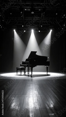 Dramatic musical performance stage with grand piano bathed in spotlights glow