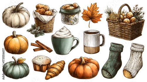 Autumn harvest and fall favorites elements set. Thanksgiving basket and cornucopia. Pumpkin spice latte, cinnamon roll, cozy sweaters and socks. Hand drawn vector illustrations.