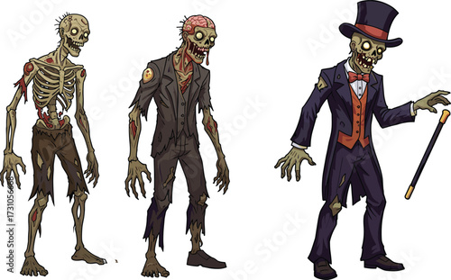 Zombie skeleton in tattered clothes, scary undead monster, creepy horror character, spooky Halloween illustration, evil ghoul in suit, gothic artwork design