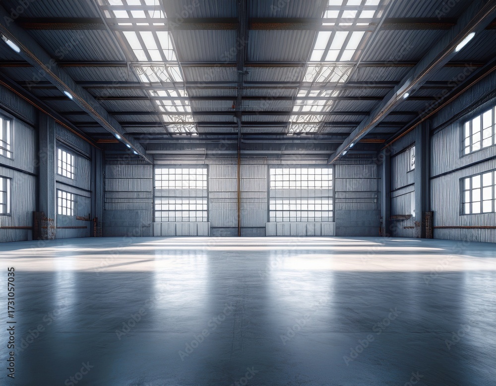Fototapeta premium grunge studio showroom big empty steel concrete hangar warehouse barn huge space dayiight windows modern workshop car garage depot 3d rendering