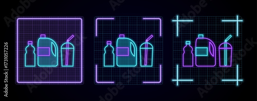 Plastic bottles symbol icon illustration, cyber neon visual, glowing border grid vector.