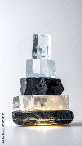Stacked blocks clear, dark, luminous, textured, uneven
