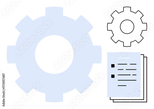 Large blue gear accompanied by smaller outline gear and document pages with bullet points. Ideal for teamwork, process management, business strategy, productivity, technical planning, workflow