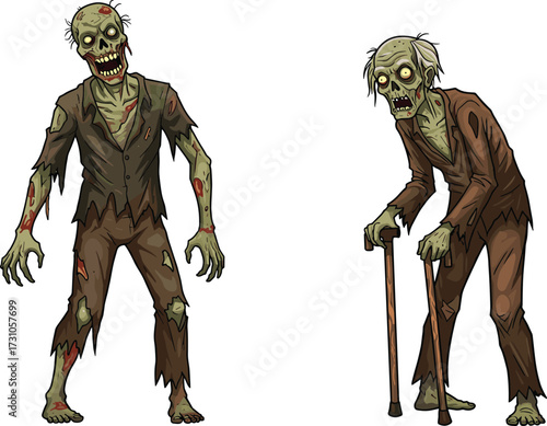 Creepy zombie characters illustration, scary undead monster artwork, horror walking dead figures, spooky cartoon creatures, old zombie with cane, Halloween