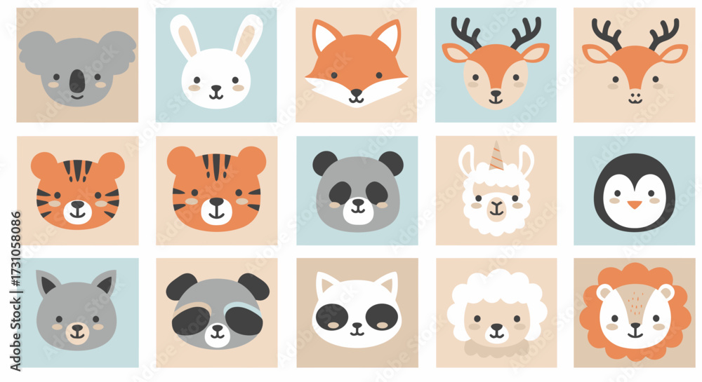 Fototapeta premium Cute cartoon animal faces including panda, koala, fox, deer, and penguin, presented in a playful, colorful vector illustration on a light background.