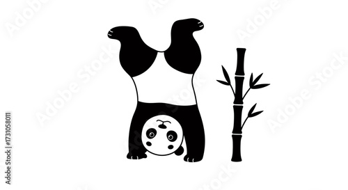 Cute cartoon panda doing a handstand next to a bamboo stalk, isolated on a white background, perfect for playful designs.