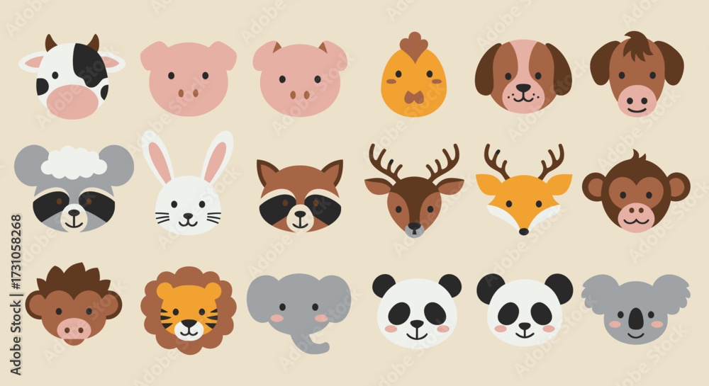 Obraz premium A collection of adorable cartoon animal faces, perfect for children's designs, featuring a variety of cute creatures in a charming, flat vector style, ideal for educational or playful projects.