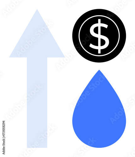 Upward arrow, dollar sign, and water droplet emphasize increasing water expenses. Ideal for sustainability, inflation, expenses, consumption, water scarcity, economy and resource management themes