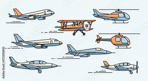 Illustration showing a variety of aircraft including airplanes biplane fighter jets and helicopters flying