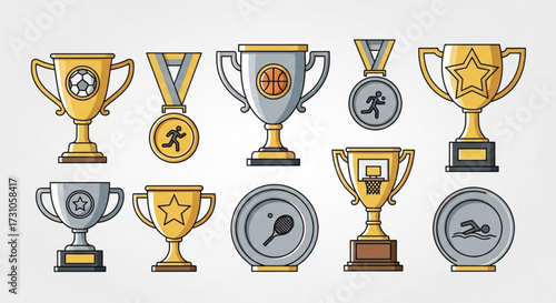 Illustration of trophies and medals representing various sports achievements and competitive activities