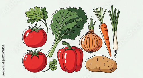 Illustration showing a variety of fresh vegetables including tomatoes pepper kale onion carrot and potato