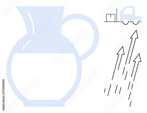 Transparent jug partially filled, cargo truck carrying a box, and rising arrows symbolizing growth, productivity, and delivery. Ideal for sustainability, logistics, goal setting, trends efficiency
