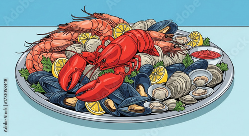A seafood platter featuring a lobster, shrimp, mussels, clams, lemon slices and parsley garnish atop