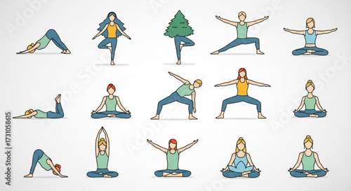 Illustration showing a variety of yoga poses performed by women in casual clothing on a white background