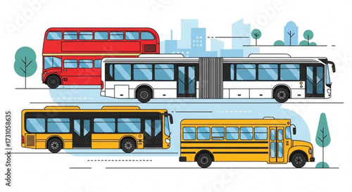 Illustration depicting a variety of buses including a double decker, articulated and school bus types