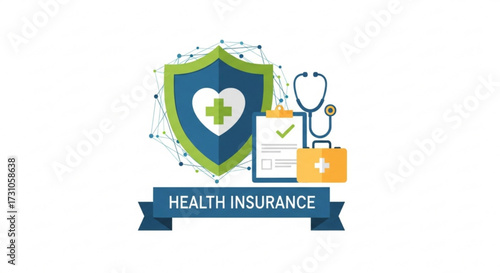 Illustration of a health insurance concept with shield, heart, stethoscope, clipboard, and first aid kit icon