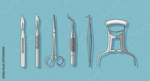 Illustration of a set of surgical instruments including scalpels forceps and retractors on a blue background