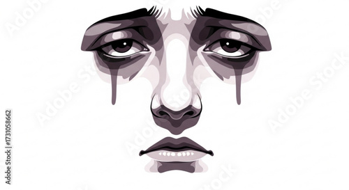 Illustration of a stylized face with dark circles and tear streaks in grayscale tones on white background