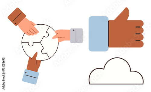 Three hands assembling puzzle pieces symbolizing collaboration, thumbs-up for approval and positivity, and cloud shape representing abstract ideas thumbs up cloud storage and innovation. Ideal