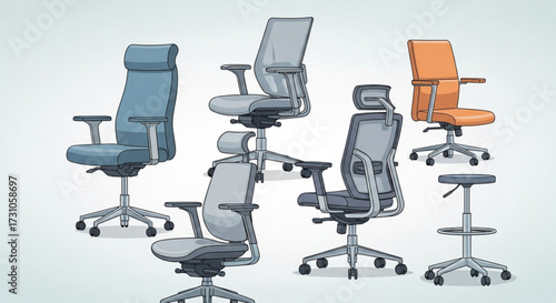 Illustration showing a variety of office chairs in different colors and styles arranged together nicely