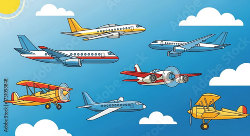 Various airplanes in flight against a blue sky backdrop with fluffy white clouds and a shining sun