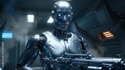 Humanoid robot holding rifle with glowing blue eyes