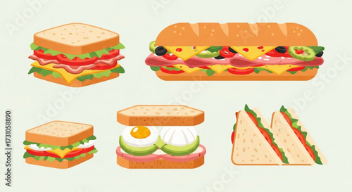 Illustration showcasing a variety of sandwiches including club, sub, egg, and triangle sandwiches on a light background